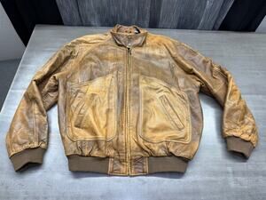 VTG Context Genuine Leather Bomber Jacket Mens XLT Brown Blanket Lining